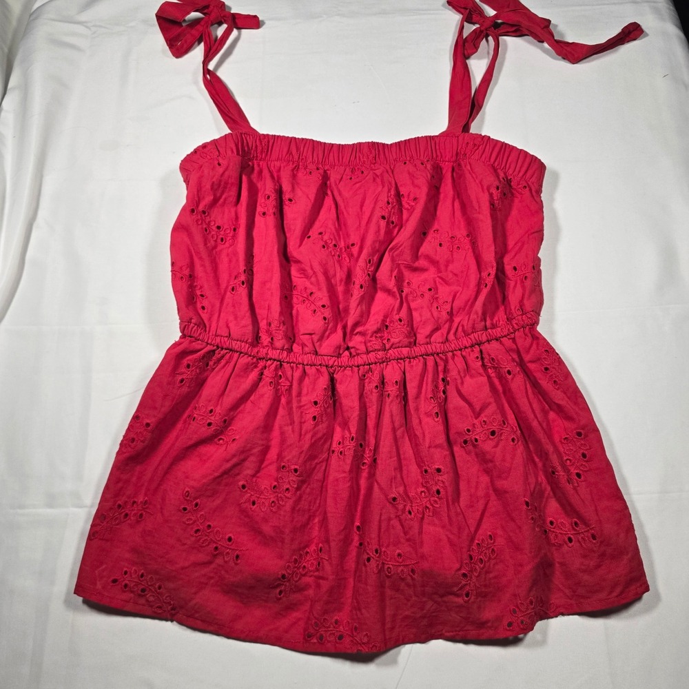 Maurices Red Eyelet Tie Strap Babydoll Top Smocked Waist Cami Medium